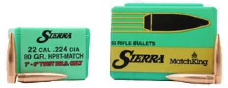 Sierra MatchKing Bullet .22 Caliber .224" Diameter 80 Grain Hollow Point Boat Tail Projectile 50 Count