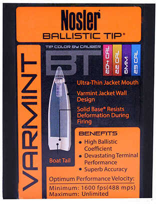 Nosler Spitzer Varmint Ballistic Tip 6MM Caliber 55 Grain 100/Box Md: 24055 Bullets