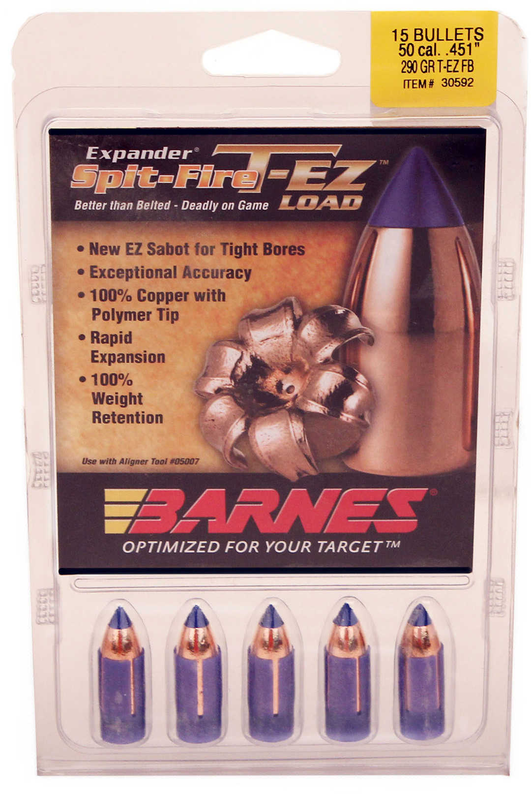 Barnes 50 Caliber 290 Grain Tipped Easy Loading Flat Base Muzzleloader Bullet 15 Pk Md: 45174