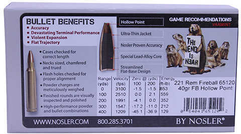 221 Rem Fireball 40 Grain Hollow Point 20 Rounds Nosler Ammunition