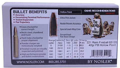 221 Rem Fireball 40 Grain Hollow Point 20 Rounds Nosler Ammunition