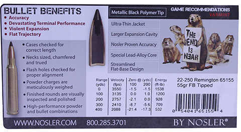 Nosler Varmageddon 22-250  Remington Flat Base Tip 55 Gr 3550 Fps 20 Rounds Per Box