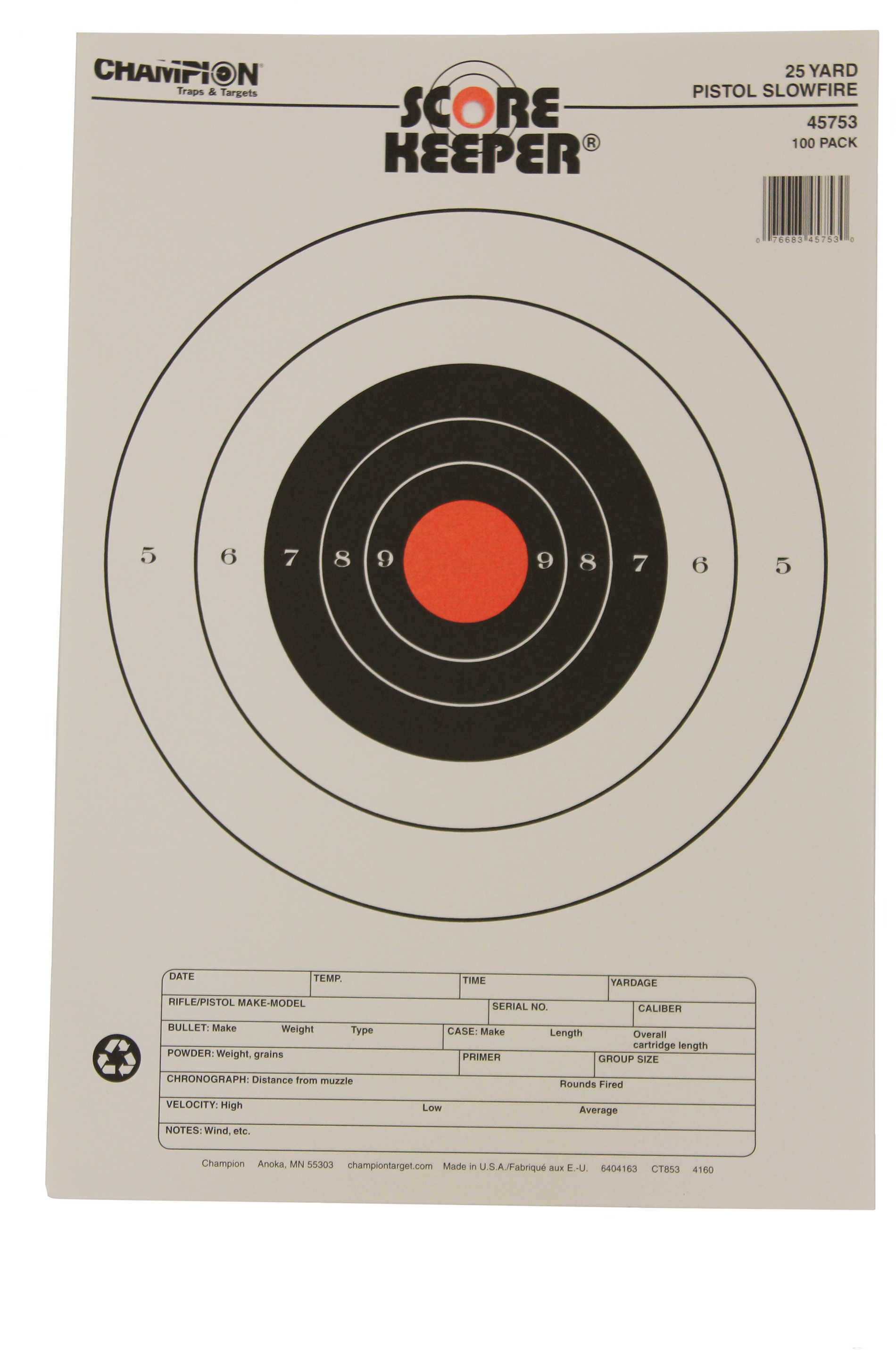 Champion Scorekeeper Targets Fluorescent Orange Bull - 25 Yd. Pistol Slow Fire 100/Pack