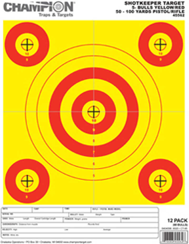 Champion Targets 45562 Shotkeeper Hanging Paper 8.5" x 11" 5-Bullseye Red/Yellow 12 Pack