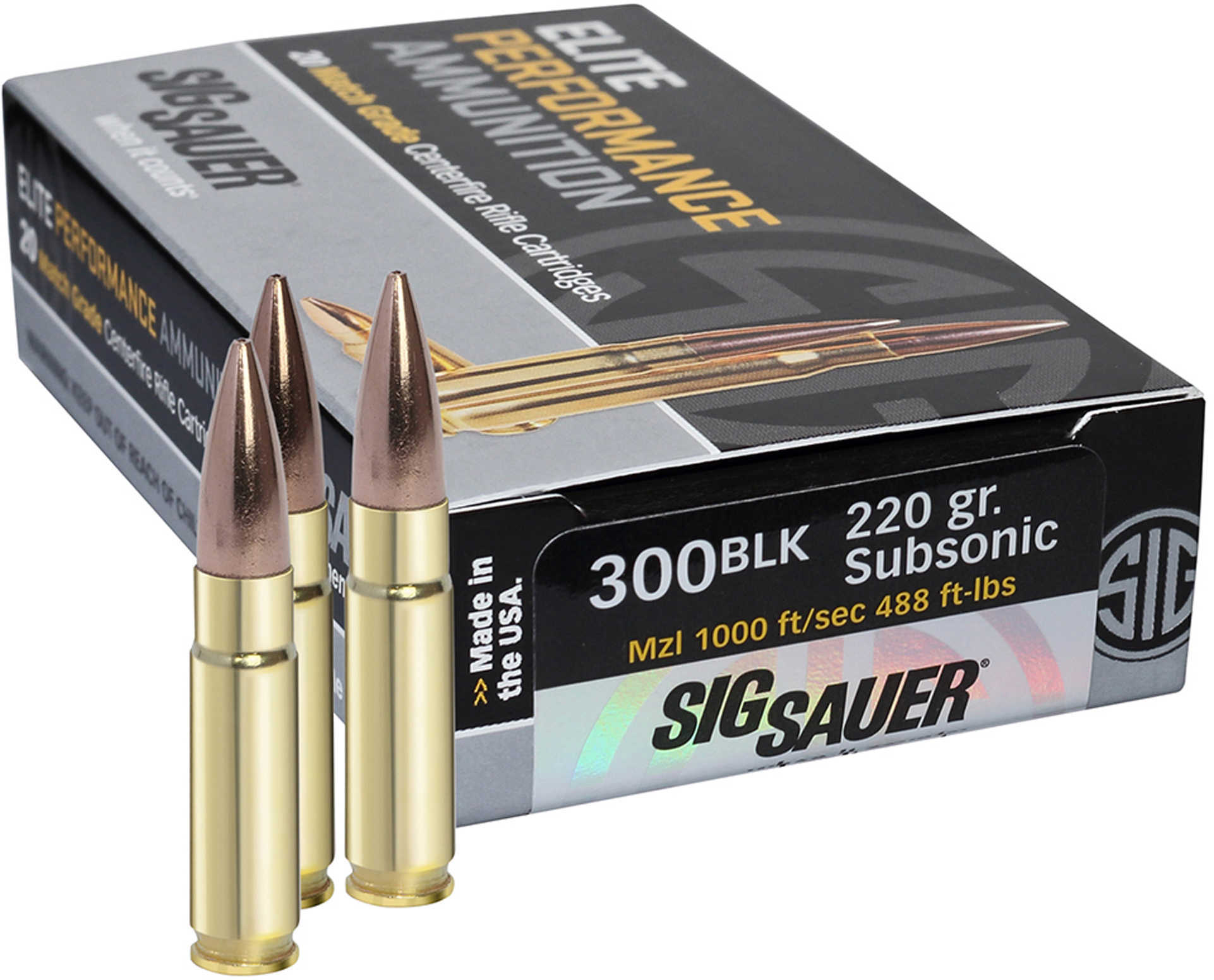 Sig Sauer Elite Subsonic Performance Match Rifle Ammunition .300 AAC Blackout 220 Gr OTM 1000 Fps 20/ct