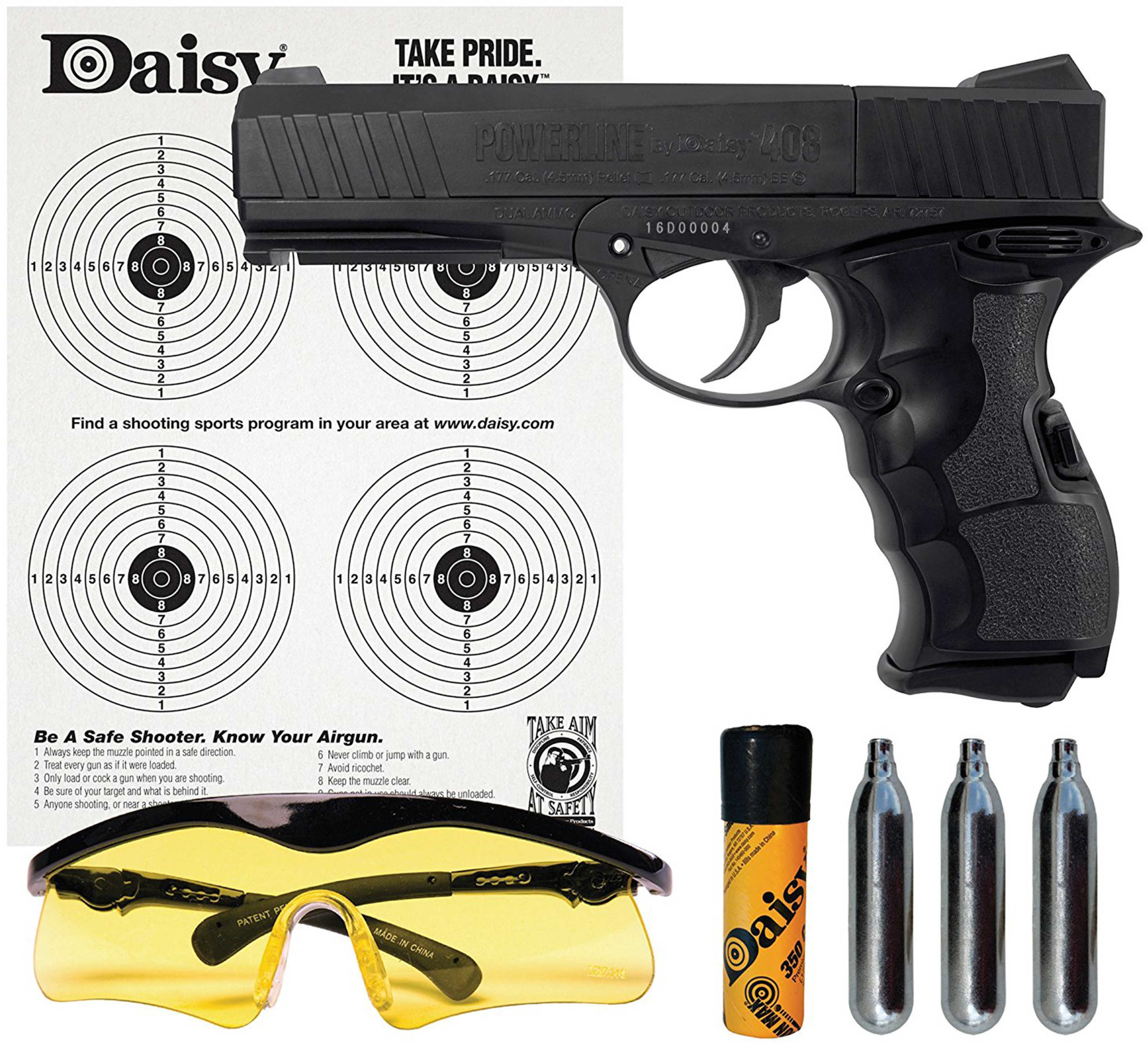 Daisy 4408 Powerline 408 Air Pistol Kit Semi-Automatic .177 Pellet/BB Black Co2/Bbs/Pellets/Glasses/Targets
