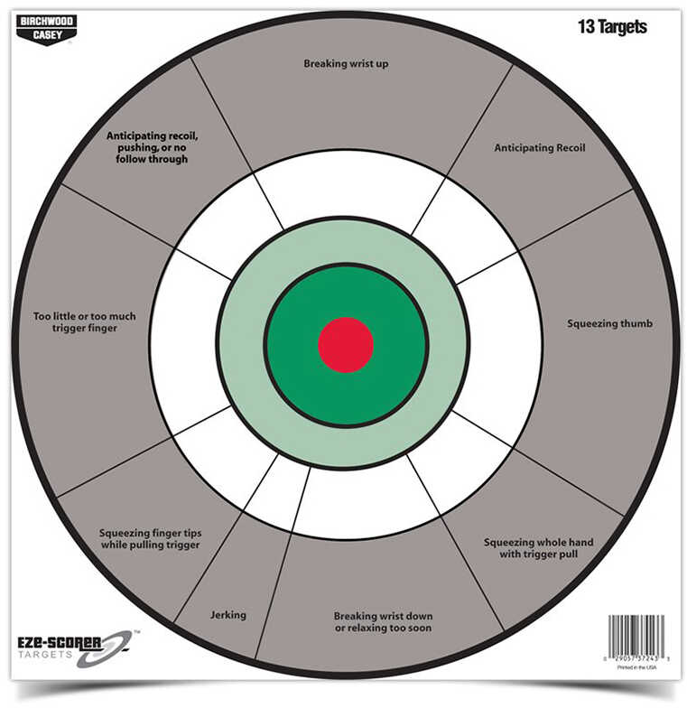 Birchwood Casey 37245 EZE-Scorer Handgun Trainer Paper 12" Bullseye Black/Gray/Green/Red/White 13 Pack