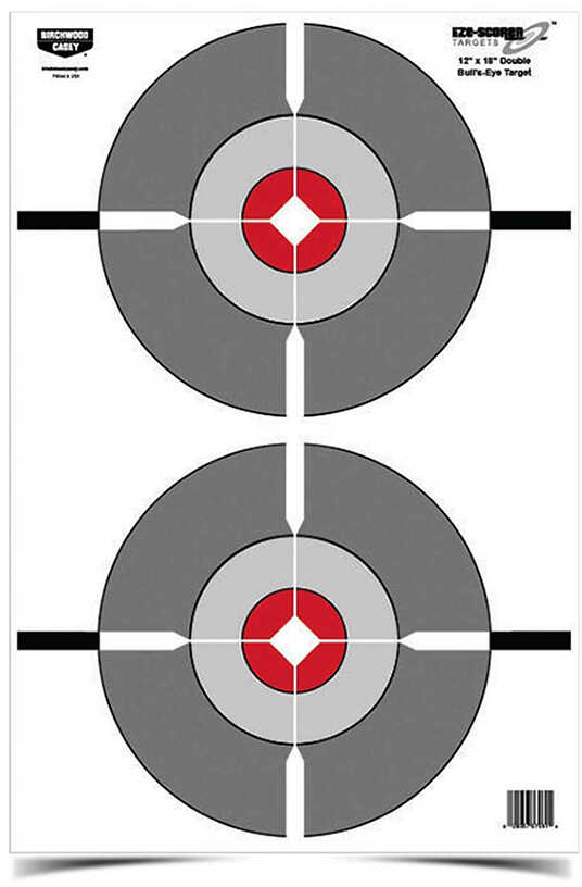 Birchwood Casey Bc-37207 EZE-Scorer Double Bullseye Hanging Paper 12" X 18" Gray/Red 10 Pack