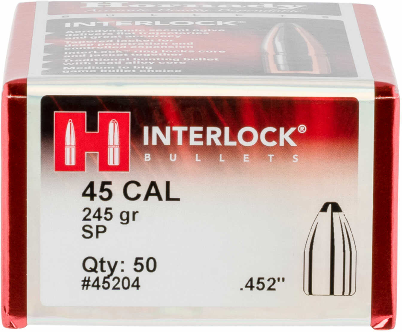 Hornady Interlock 45 Caliber .452 245 Gr Spire Point (SP) 50