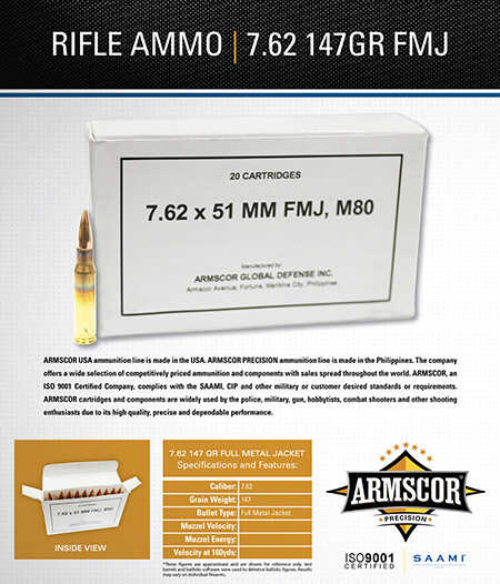 7.62 NATO 147 Grain FMJ 20 Rounds Armscor Ammunition
