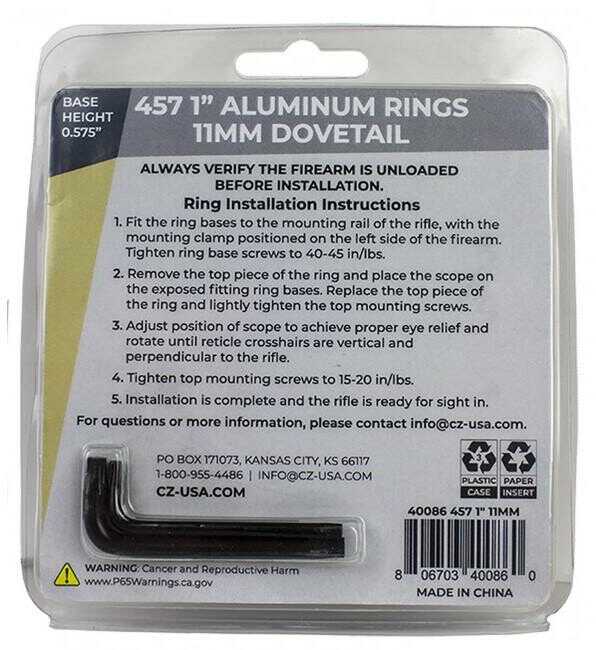 CZ-USA 40086 Scope Ring Set Matte Black Aluminum 1" Tube Dovetail For CZ 455/457