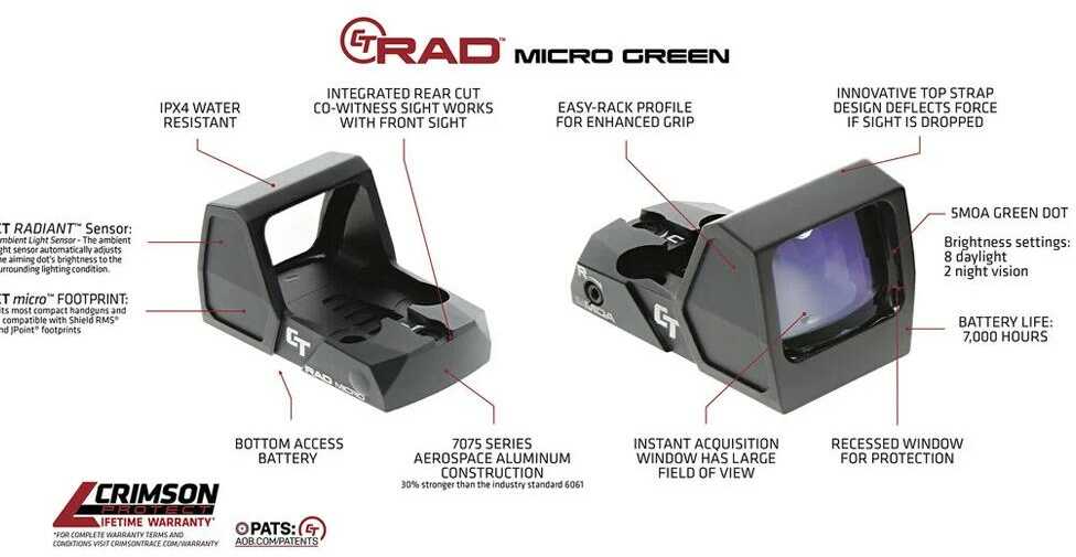 Crimson Trace 013000038 Rad Micro Pro Black Anodized 1X 5 MOA Green Dot Reticle Compact/Sub-Compact Pistol
