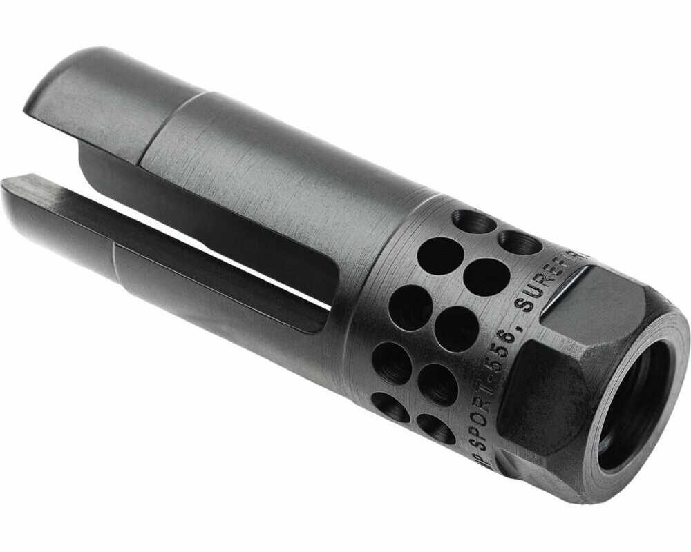 Surefire WARCOMPSPORT5561228 Sport Flash Hider 22 Cal (5.56mm) 1/2"-28 tpi Open Tine 3-Prong Ported Black Stai