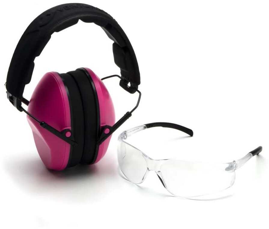 Pyramex Low Profile Combo Kit Passive Pink Ear Muff 24Db Clear Shooting Glasses With Lens