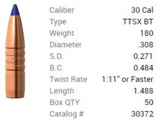 Barnes .308 Caliber 180 Grain Tipped Triple Shock Boattail X Bullet 50/Box Md: 30879