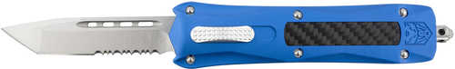 CobraTec Knives Queen 3.13" OTF Tanto Serrated D2 Steel Blade Blue Anodized Aluminum W/Carbon Fiber Inlay