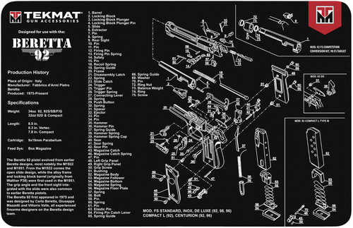 TekMat TEKR17Ber92 Beretta 92 Original Mat Black/White Rubber 17" Long 11" X Parts Diagram Illustration