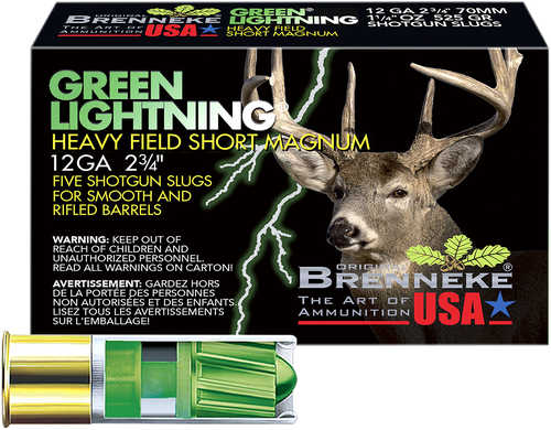 12 Gauge 2-3/4" Lead Slug  1-1/4 oz 5 Rounds Green Lightning Heavy Field Brenneke Shotgun Ammunition