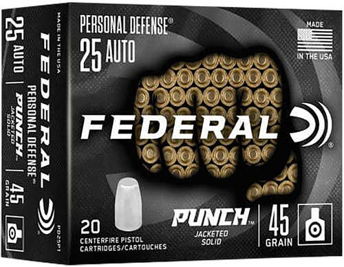 Federal PD25P1 25 ACP 45 gr Punch Hollow Point Ammo 20 Round Box