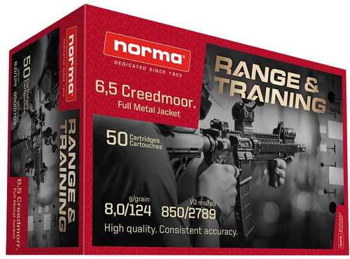 Norma Range & Training Rifle Ammunition 6.5 Creedmoor 124 Grain Full Metal Jacket 2789 Fps 50 Rounds