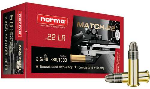 Norma Match-22 Rimfire Ammunition .22 LR 40 Grain Lead Round Nose 1083 Fps 50 Rounds