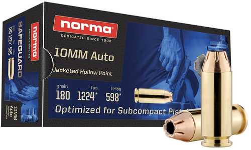 Norma Safeguard Handgun Ammunition 10mm Auto 180 Grain Jacketed Hollow Point 1224 Fps 50 Rounds