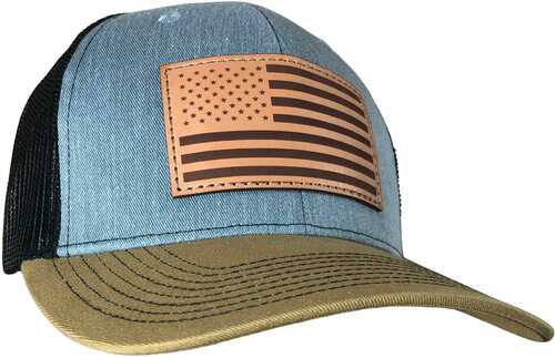 Outdoor Cap Heathered Grey/Blk/ Old Gold Trucker w/USA Flag Leather Patch