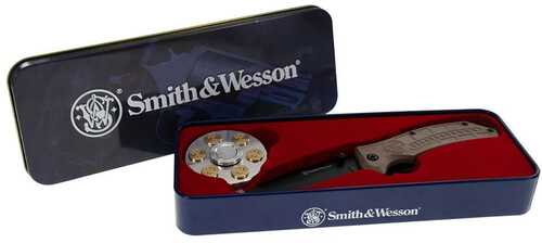 Smith & Wesson Folding Knife And Fidget Spinner Combo 3" Tanto Blade Black Brown