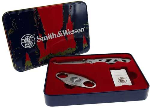 Smith & Wesson Folding Knife Cigar Cutter And Lighter Combo 3" Drop Point Blade Silver