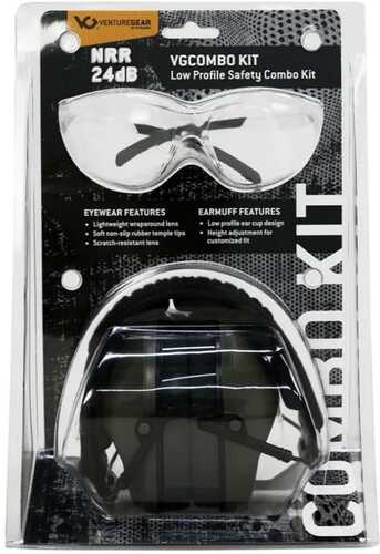 Pyramex Low Profile Combo Kit Passive Black Ear Muff 24Db Clear Shooting Glasses Clear With Clear Lens