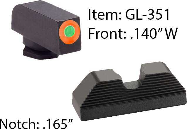 AmeriGlo GL351 UC Set Sight Fits Glock 42/43 Tritium/Paint Green w/Orange Outline Front Steel Black Rear