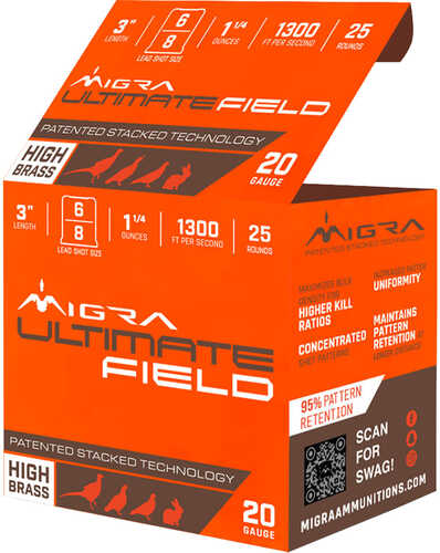 Migra Staxd Ultimate Field Shotgun Ammo 20 ga. 3 in. 1 1/4 oz. 6-8 Shot 25 rd.  Model: M-20UF-6-8