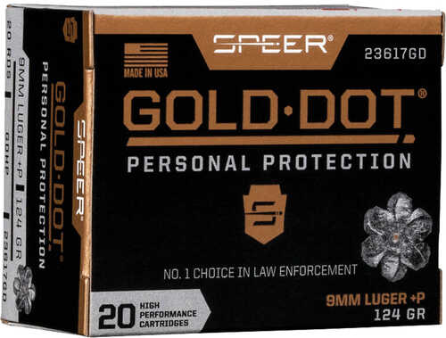 Speer Gold Dot Personal Protection Pistol Ammo 9mm +P 124 gr. HP 20 rd. Model: 23617GD