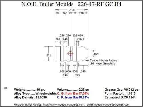 Bullet Mold 4 Cavity Aluminum .226 caliber Gas Check 47gr with Round/Flat nose profile type. Designed for origi