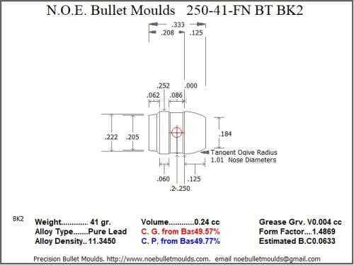 Bullet Mold 4 Cavity Aluminum .250 caliber Boat tail 41gr with Flat nose profile type. Designed for use in airg