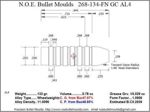 Bullet Mold 5 Cavity Aluminum .268 caliber Gas Check 134gr with Flat nose profile type. Designed for use in 6.5