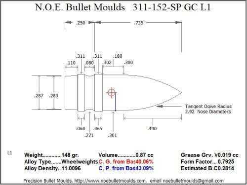 Bullet Mold 2 Cavity Aluminum .311 caliber Gas Check 152gr with Spire point profile type. Designed for use in 3