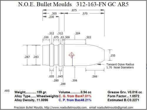Bullet Mold 5 Cavity Aluminum .312 caliber Gas Check 163gr with Flat nose profile type. Designed for use in 30-