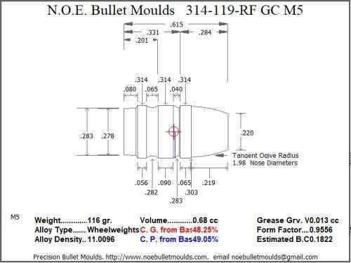 Bullet Mold 2 Cavity Brass .314 caliber Gas Check 119gr with a Round/Flat nose profile type. Designed for use in