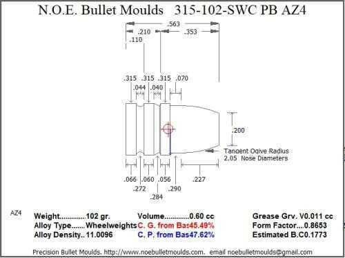 Bullet Mold 2 Cavity Brass .315 caliber Plain Base 102gr with a Semiwadcutter profile type. Designed for use in