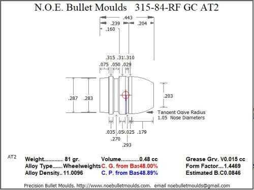 Bullet Mold 2 Cavity Aluminum .315 caliber Gas Check 84gr with Round/Flat nose profile type. Designed for use i