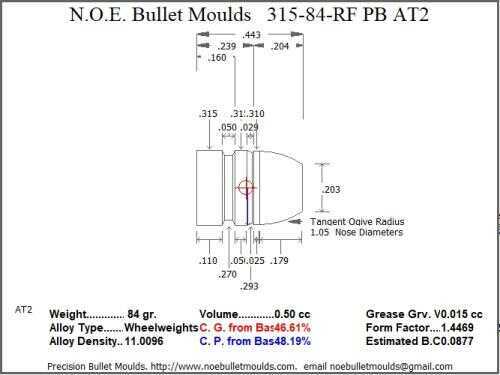 Bullet Mold 2 Cavity Brass .315 caliber Plain Base 84gr with a Round/Flat nose profile type. Designed for use in