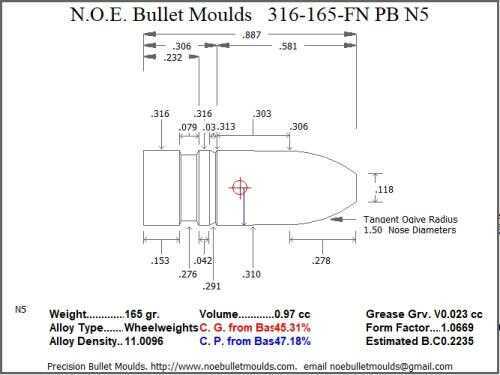 Bullet Mold 5 Cavity Aluminum .316 caliber Plain Base 165gr with Flat nose profile type. Designed for use in 30