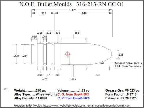 Bullet Mold 2 Cavity Aluminum .316 caliber Gas Check 213gr with Round Nose profile type. Designed for use in 30