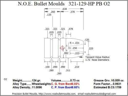 Bullet Mold 2 Cavity Brass .321 caliber Plain Base 129gr with a Flat nose profile type. Lightweight design
