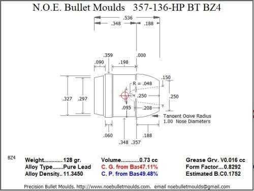 Bullet Mold 4 Cavity Aluminum .357 caliber Boat tail 136gr with Flat nose profile type. design for use i