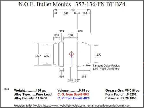 Bullet Mold 4 Cavity Aluminum .357 caliber Boat tail 136gr with Flat nose profile type. design for use i