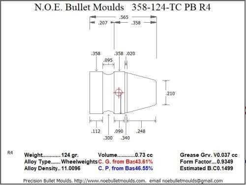 Bullet Mold 2 Cavity Brass .358 caliber Plain Base 124gr with a Truncated Cone profile type. The classic