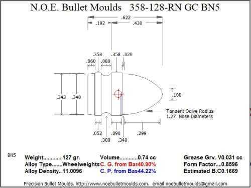 Bullet Mold 3 Cavity Aluminum .358 caliber Gas Check 128gr with Round Nose profile type. The classic