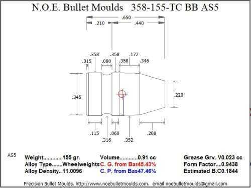 Bullet Mold 3 Cavity Aluminum .358 caliber Bevel Base 155gr with Truncated Cone profile type. heavy